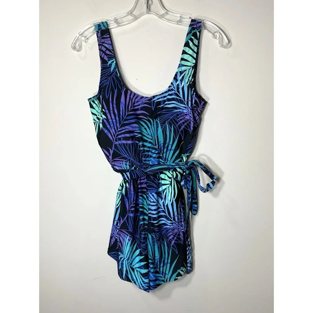 Blair Swimsuit Womens 10 One Piece Tank Black Purple Palm‎ Tropical Print Boyleg